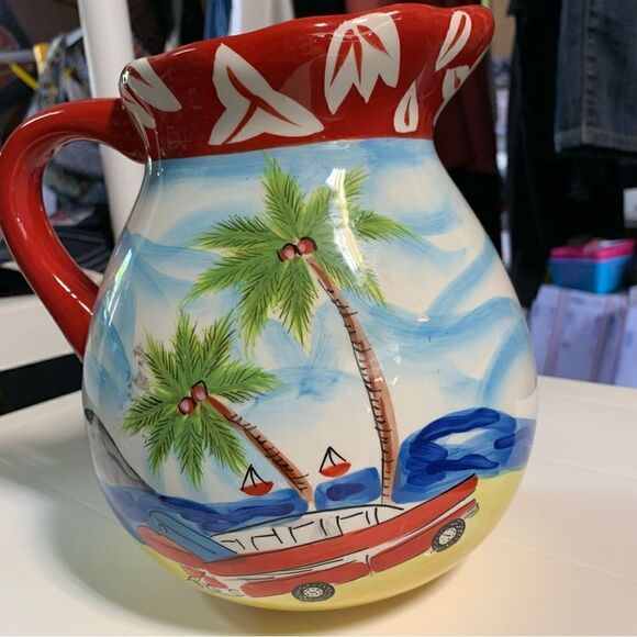 HausenWare Island Beach Pitcher Palm Trees Surf Boards Station Wagon Gorgeous - Picture 4 of 8